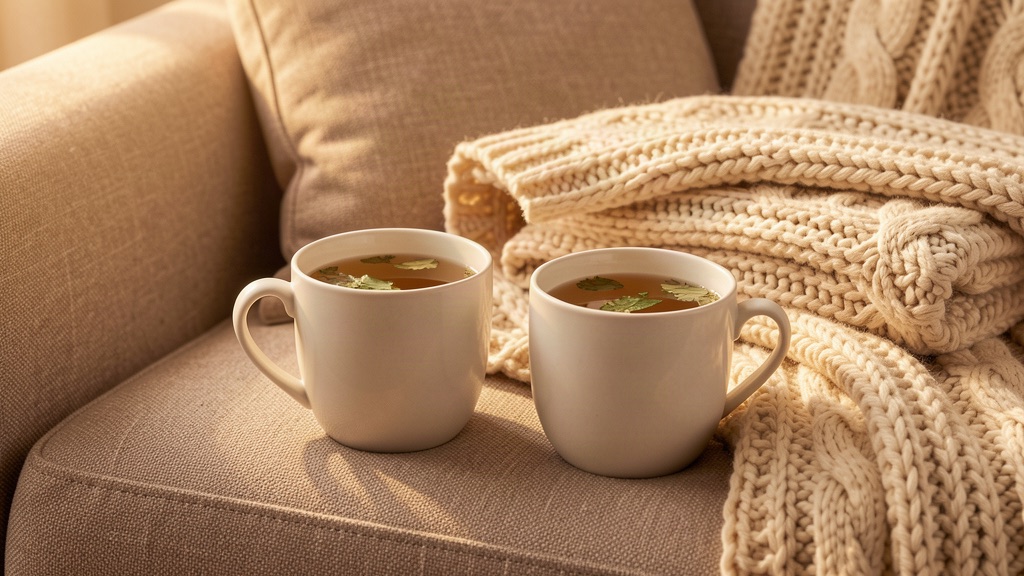 Two mugs of tea and a folded blanket on a sofa in warm light