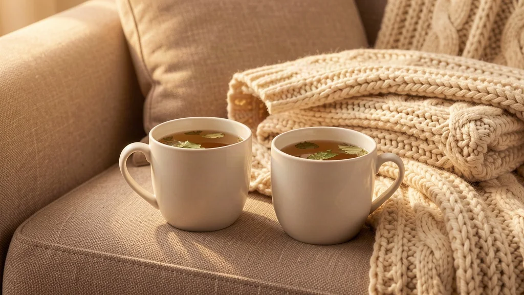 Two mugs of tea and a folded blanket on a sofa in warm light
