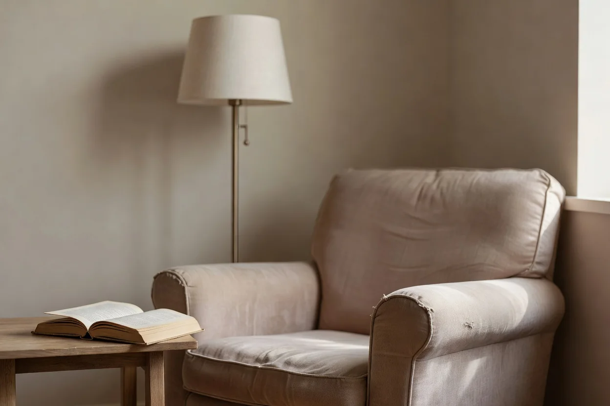 A comfortable armchair with a floor lamp and an open book on a side table