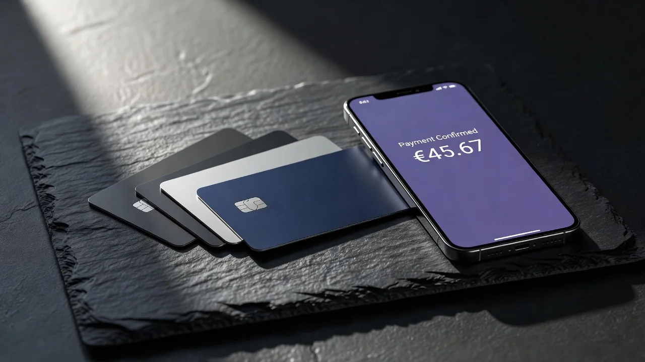 Four payment cards on slate next to a phone showing a confirmed euro payment