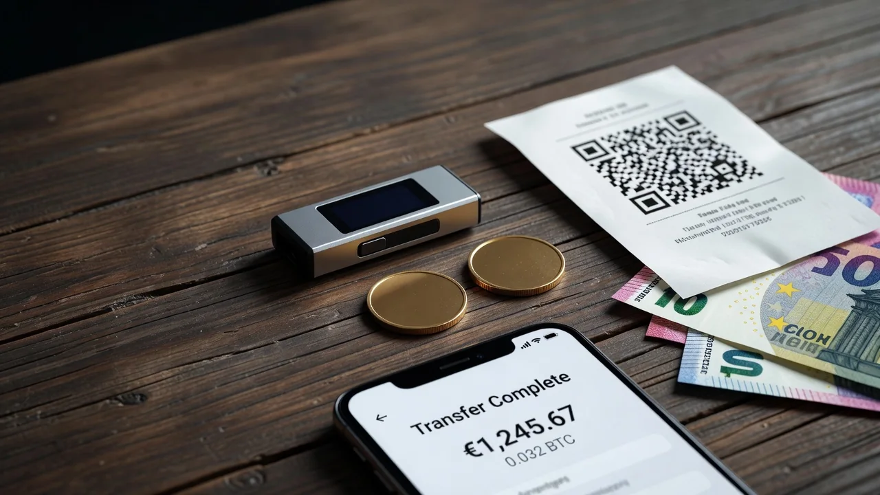 Hardware wallet, crypto tokens, QR slip and a phone showing a completed euro transfer