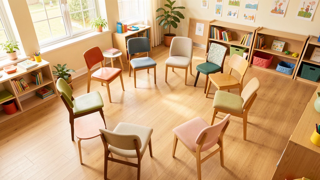 Circle of chairs in a bright community room