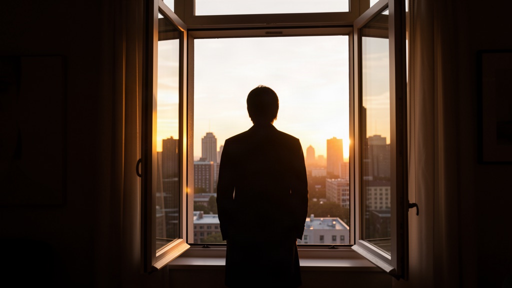 Silhouette at an open window in morning light