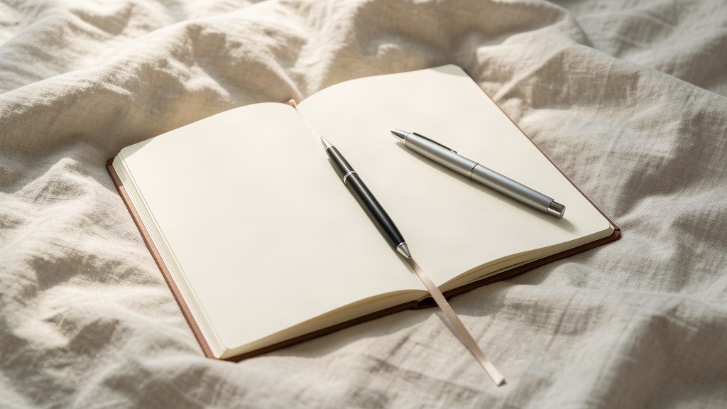 Blank open journal with pen in soft light