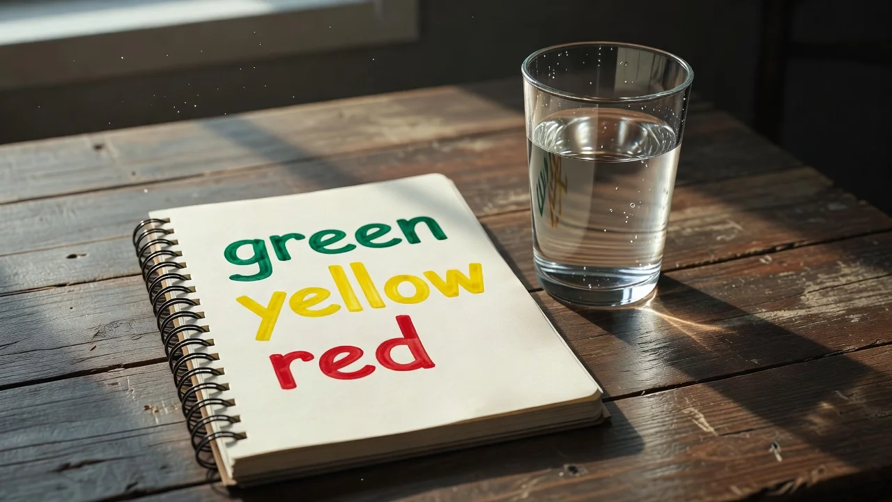 Notebook with green, yellow and red written down, and a glass of water