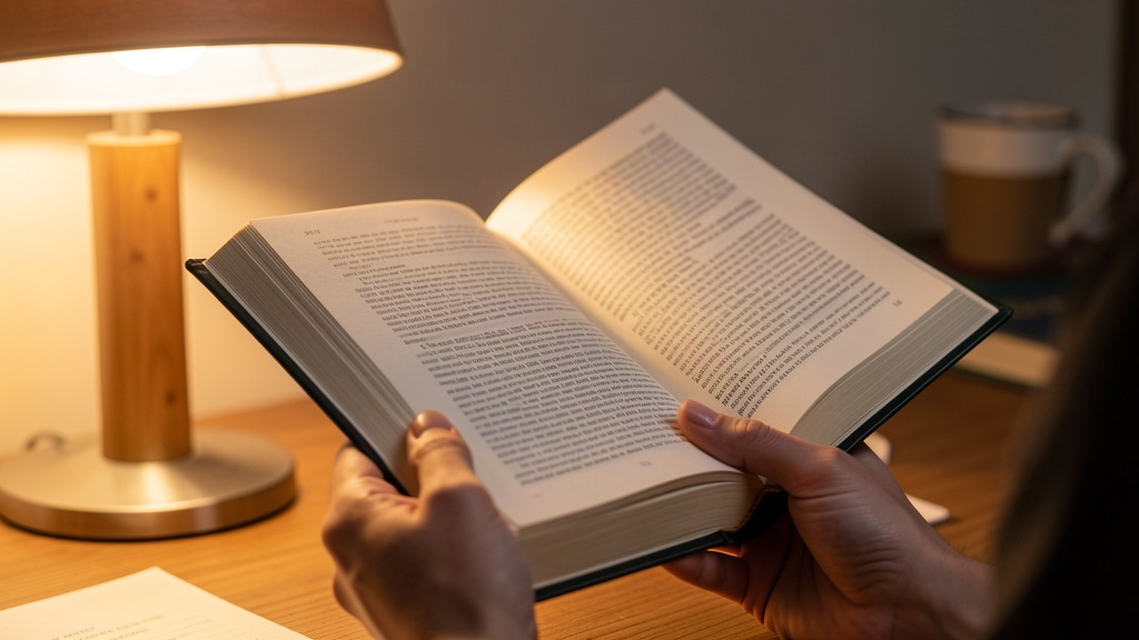 Hands holding an open book in warm reading light