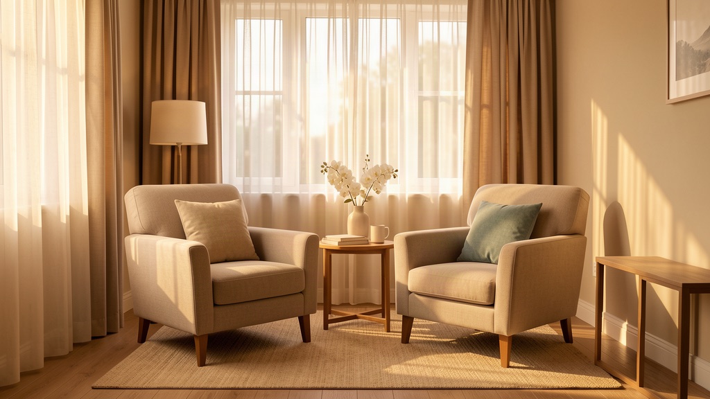 Therapy room with two armchairs in warm light