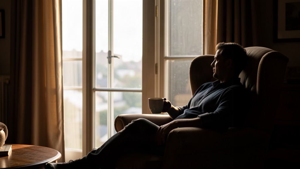 Person resting by a window in soft daylight with a warm drink