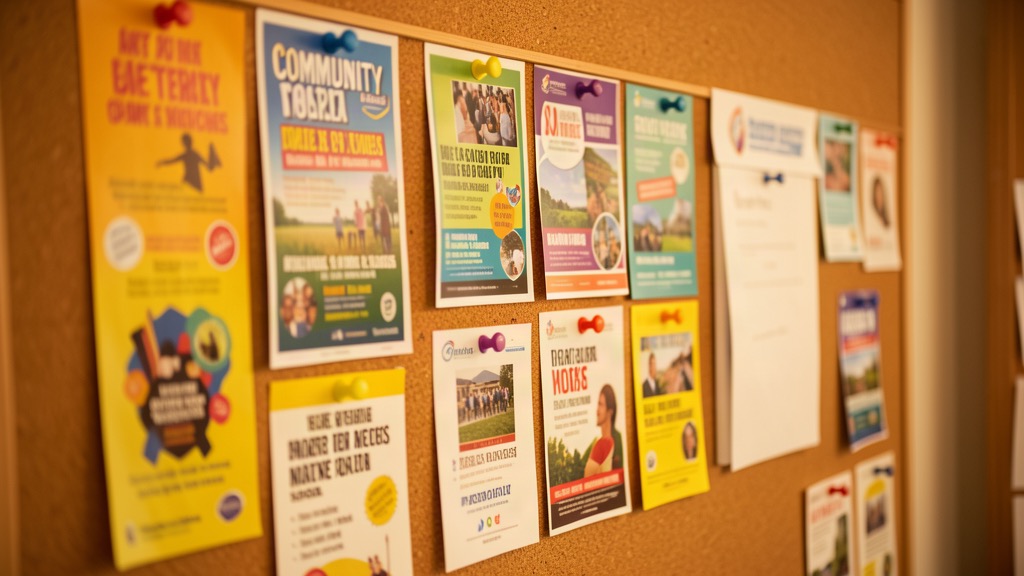Community notice board with event flyers and pinned cards