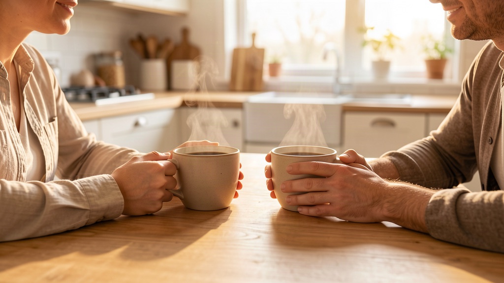 Two people talking across a coffee table with notebooks, warm indoor light