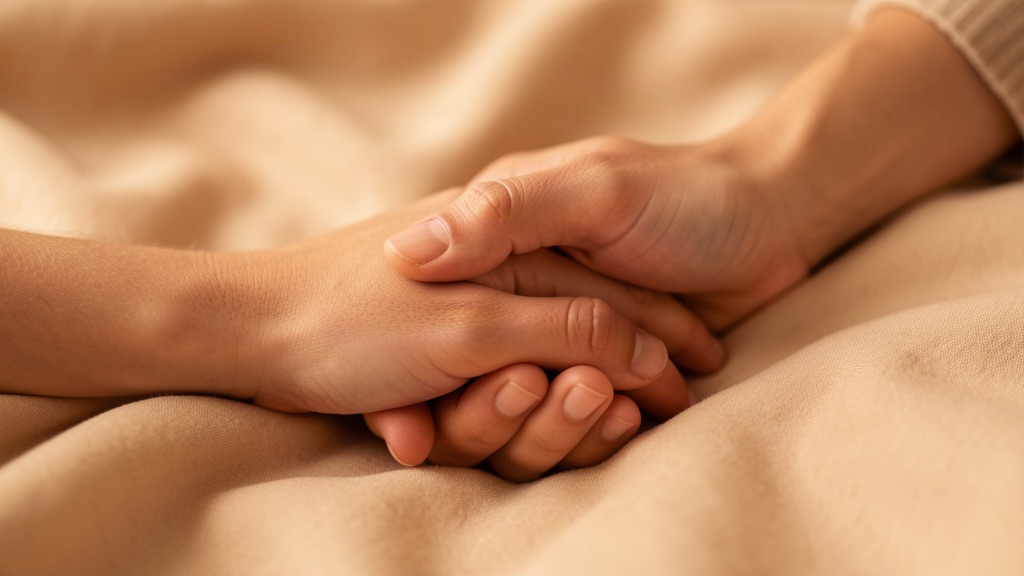 Two hands meeting in a supportive gesture on a wooden table