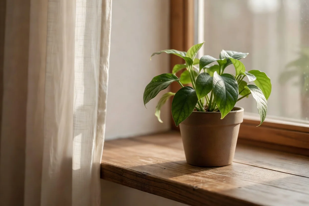 A green houseplant on a wooden windowsill in soft morning light