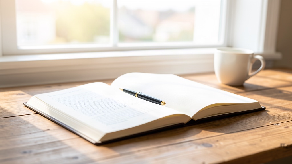 Open journal and pen on a desk near a window with morning light