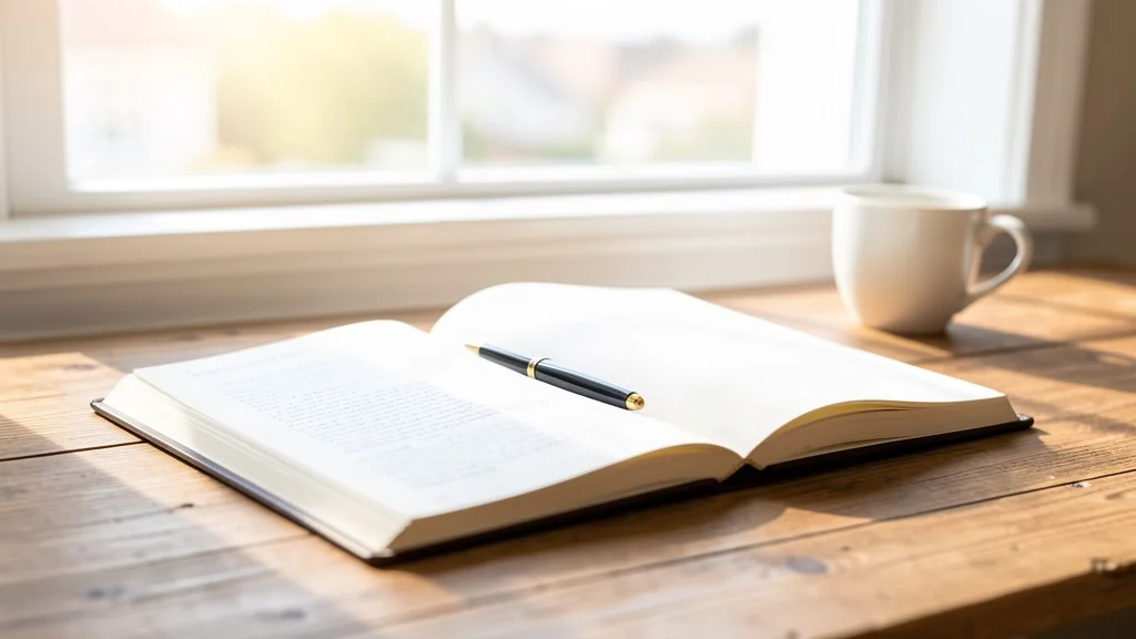 Open journal and pen on a desk near a window with morning light