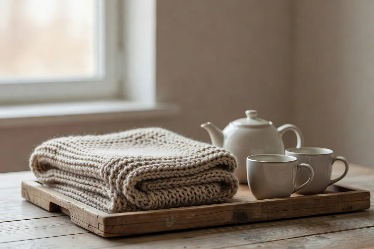 A folded knit blanket, a teapot and two cups on a wooden tray beside a window