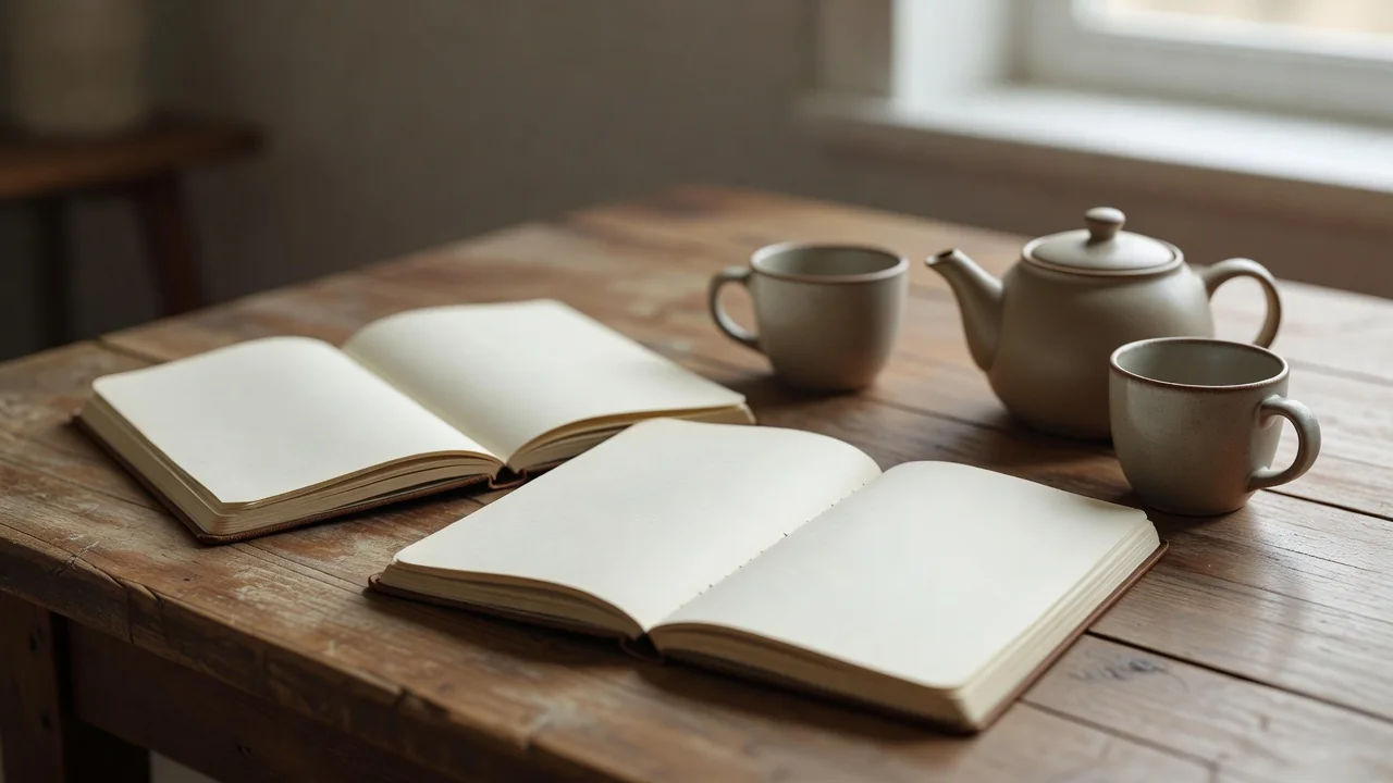 Two open notebooks and a pot of tea on a wooden table set for a conversation
