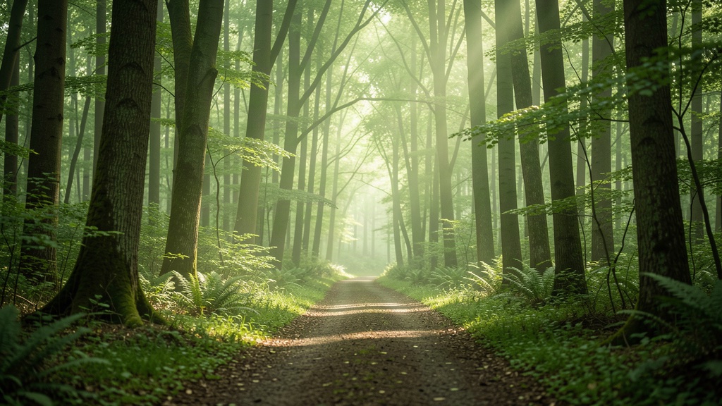 Quiet path through a green forest in soft light, symbolizing a gradual journey