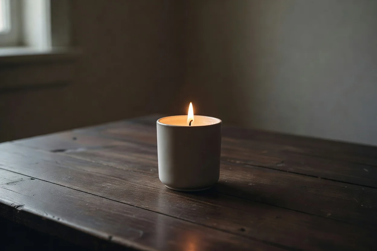A single lit candle on a dark wooden table in a quiet dim room