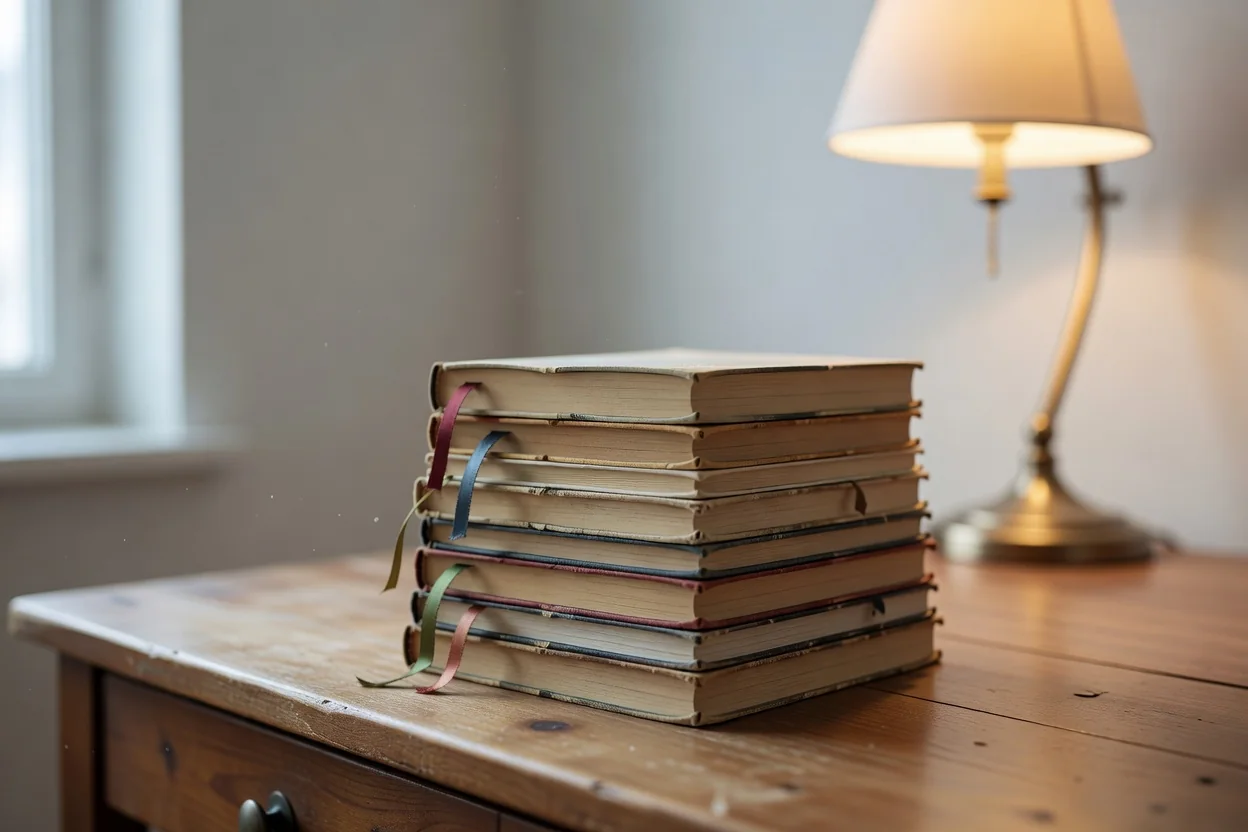 A stack of well-worn books with ribbon bookmarks on a wooden desk in warm light