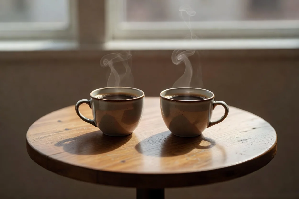 Two cups of coffee facing each other on a small round cafe table by a window