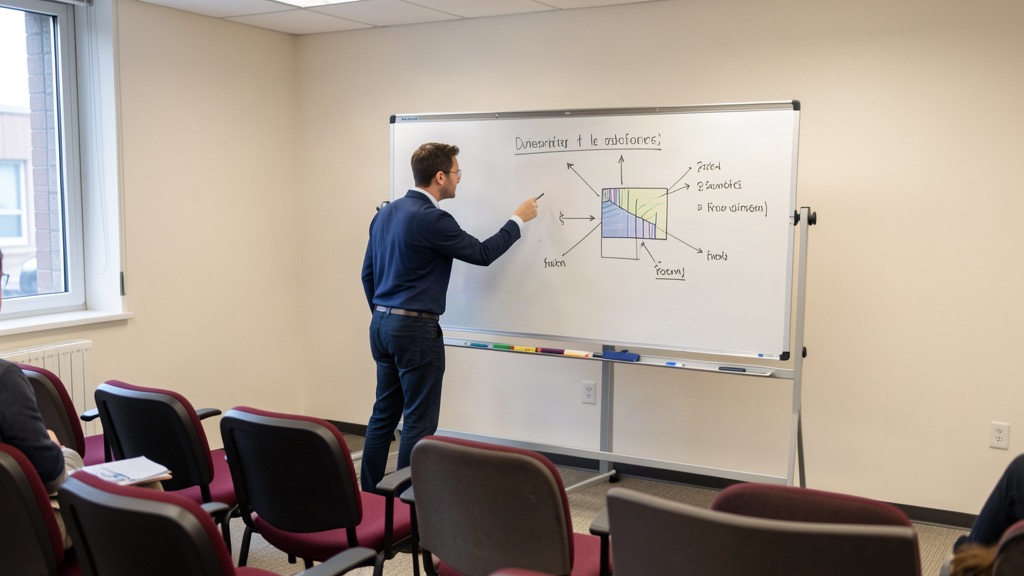 Workshop presenter explaining a diagram on a flip chart in a seminar room